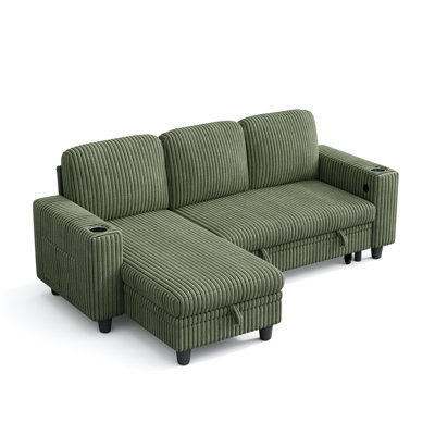 Sherry 81'' Upholstered Modular Sleeper Sectionals With Storage Chaise, USB Charging & Cup Holders