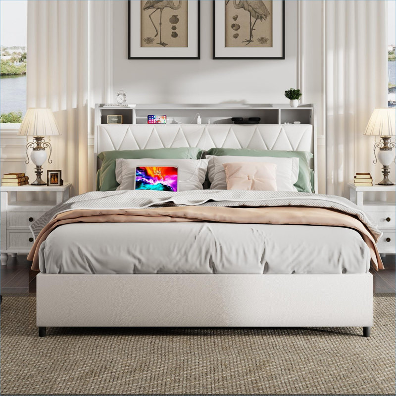 Structure de lit tapissier grand blanc Crisp avec tête de lit et de charge intégrée