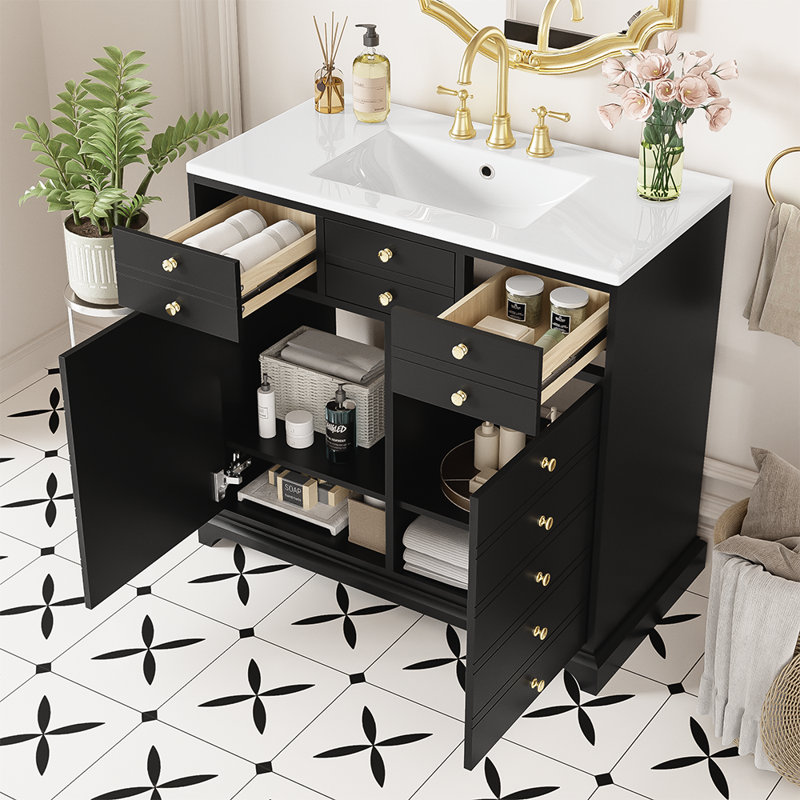 Bathroom Vanity with Resin Sink Combo Solid Wood Frame Bathroom Storage Cabinet