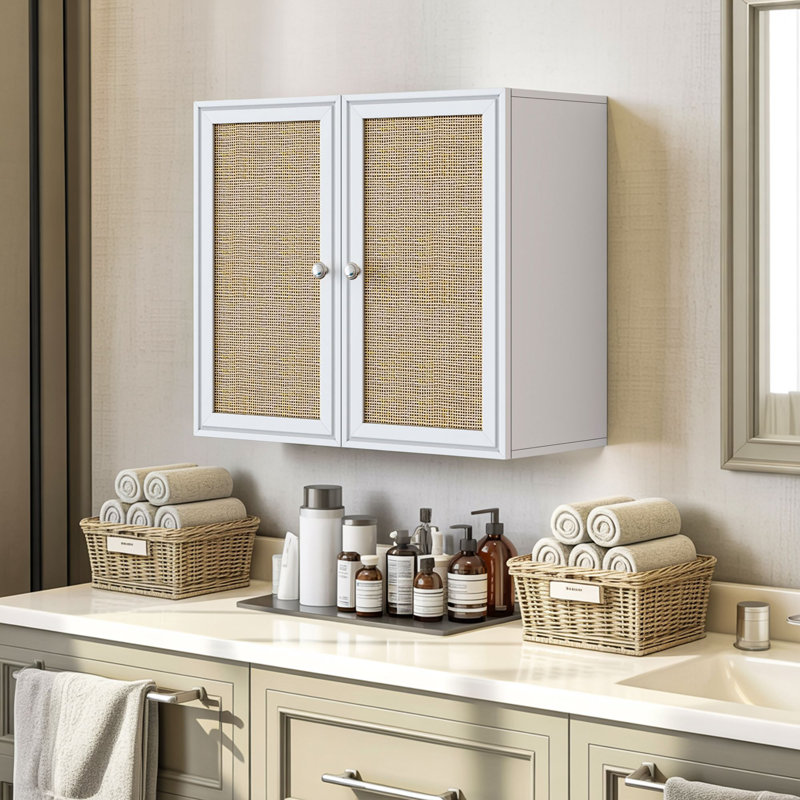 24" Wall Mounted Cabinet With Rattan Doors for Laundry Room, Kitchen,Bathroom, White