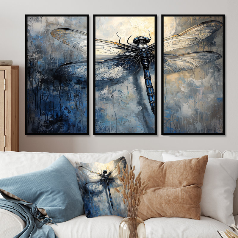 «Bluelflyfly», impression d'art de libellule bleue, H 28 po x l 36 po x P 1 po, Toile avec cadre flottant noir