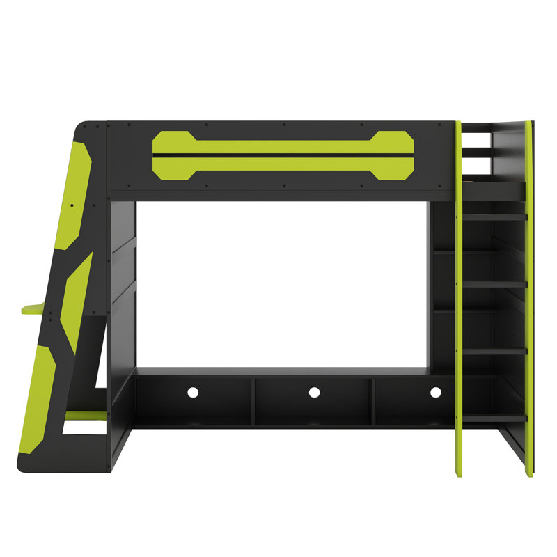 Lit mezzanine en bois avec bureau, tablettes multiples et lumière RVB, Vert