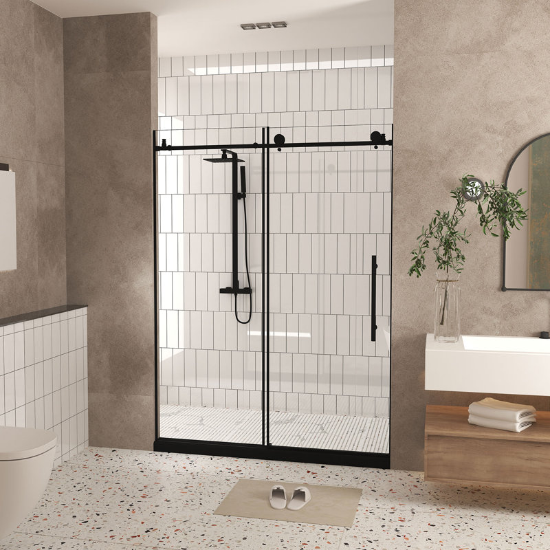 Frameless Shower Door 56-60 "W X 60" H, 1/4 "(6 Mm) Clear Tempered Glass, Stainless Steel Handle, Matte Black