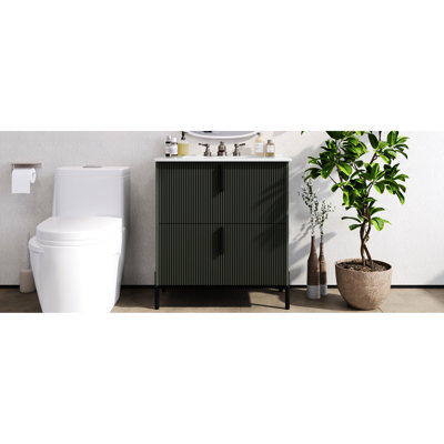 Meuble-lavabo de 30 po avec lavabo en céramique et tiroir cannelé Wortman, glissières à fermeture en douceur, efficacité de rangement optimale, pieds de 8,27 po pour l'hygiène en couleur, lavabo de haute qualité, apparence, système, 5,8 po
