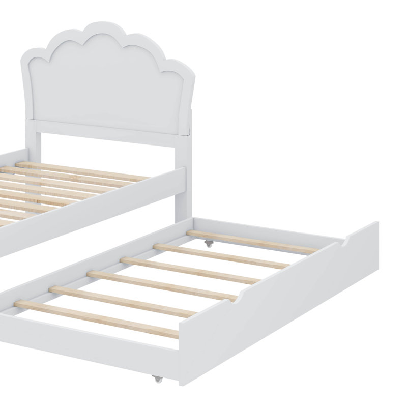 Élégant lit plateforme en bois avec tête de lit à motif floral et lit gigogne caché, Twin, White