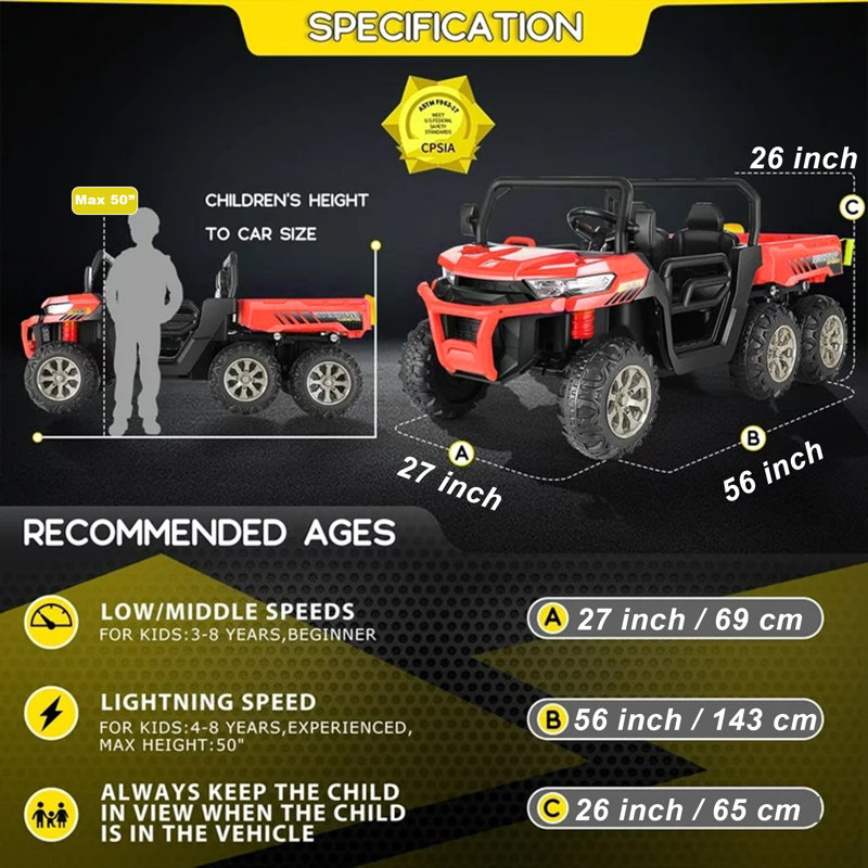 Alex 24V 4WD 2 places 6 roues sur camion à benne basculante avec télécommande, benne électrique et pelle, Bluetooth, Rouge
