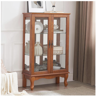 Elegant Oak Curio Cabinet with Tempered Glass, Mirrored Back, Adjustable Shelves & Interior Lighting for Display