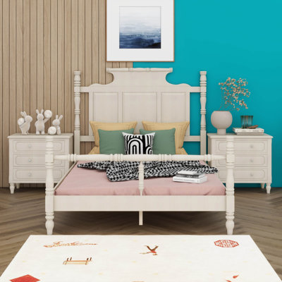 Ensemble de chambre à coucher 3 pièces, lit plateforme à baldaquin avec 2 tables de chevet à trois tiroirs, ensemble de chambre à coucher en bois de style rétro