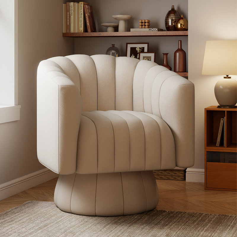 Swivel Accent Chair, Mid Century 360 Degree Barrel Chair with Armrest, Overstuffed Tufted Velvet, Beige, Beige
