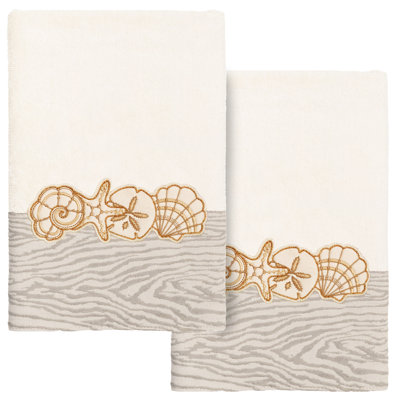 SHELL ROW 2PC Embellished Hand Towel Set 100% Turkish Cotton Hand Towel
