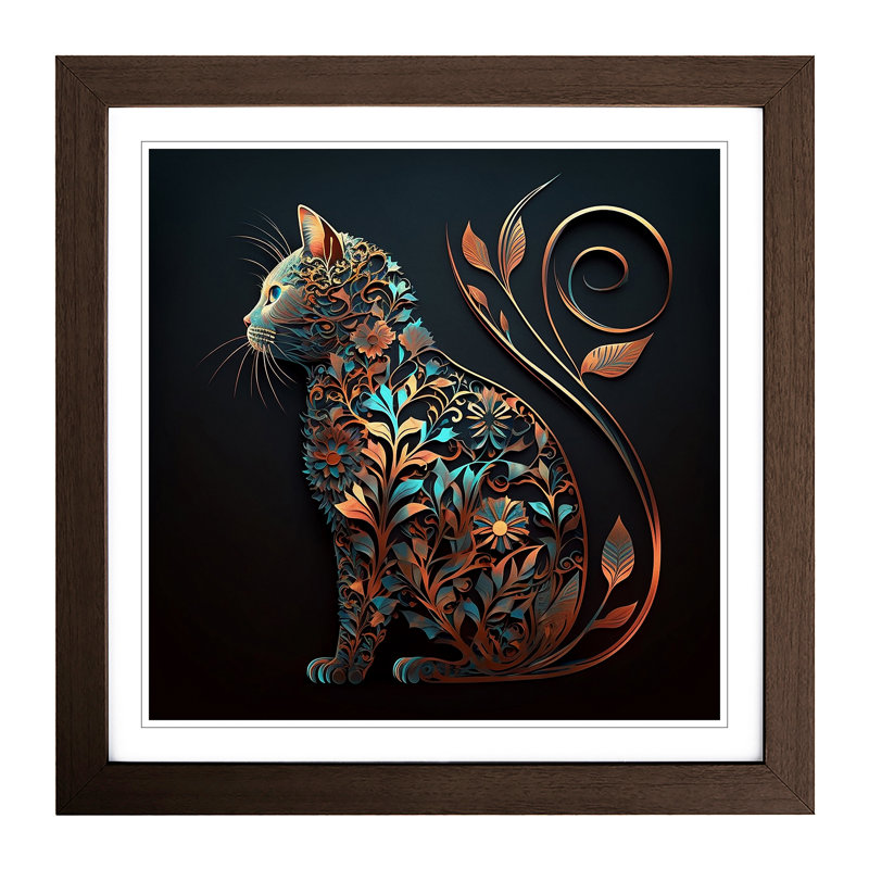 Cat Ornamental Art - Single Picture Frame Print on Wood, Walnut