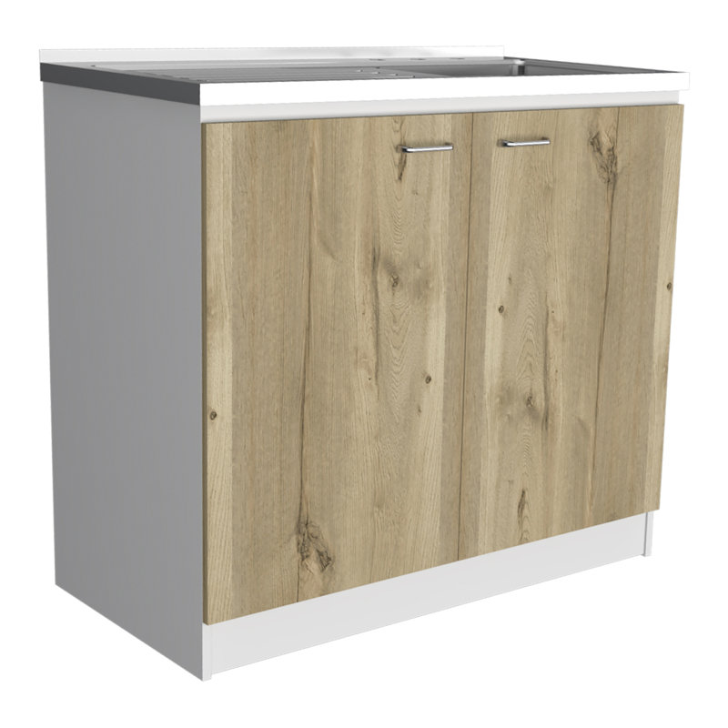 Lavabo utilitaire rectangulaire blanc 2 portes et chêne clair, Blanc / beige