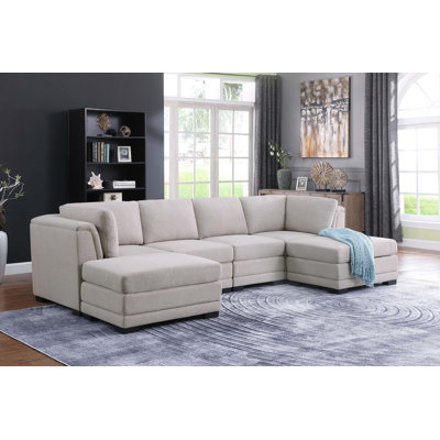 Canapé modulaire réversible en tissu de lin avec 2 repose-pieds 121,5 po Kristin