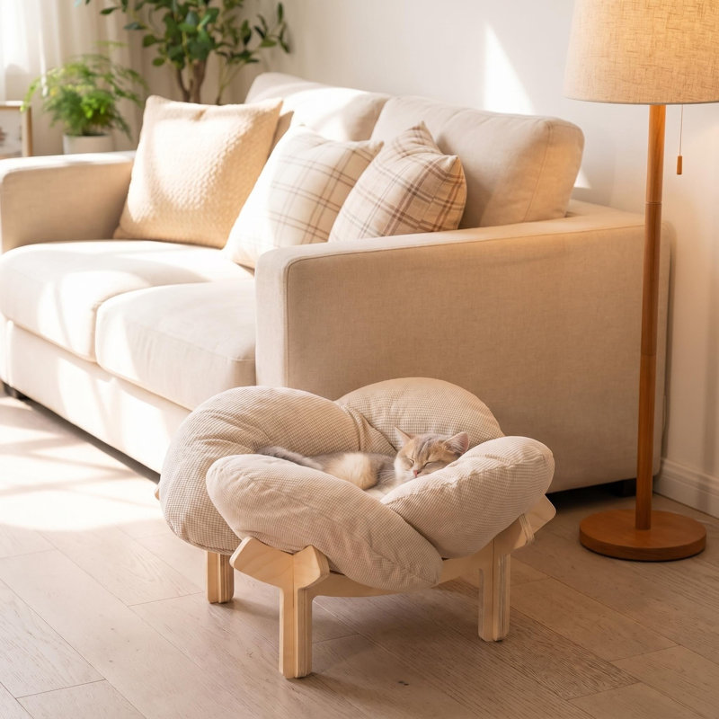 Lit pour chat surélevé en bois avec coussin en forme de cœur, 14,96 po x 5,91 po x 12,99 po, supportant les petits et moyens chats jusqu'à 20 lb, canapé-lit surélevé pour animal de compagnie, tapis en coton doux lavable pour chaton d'intérieur