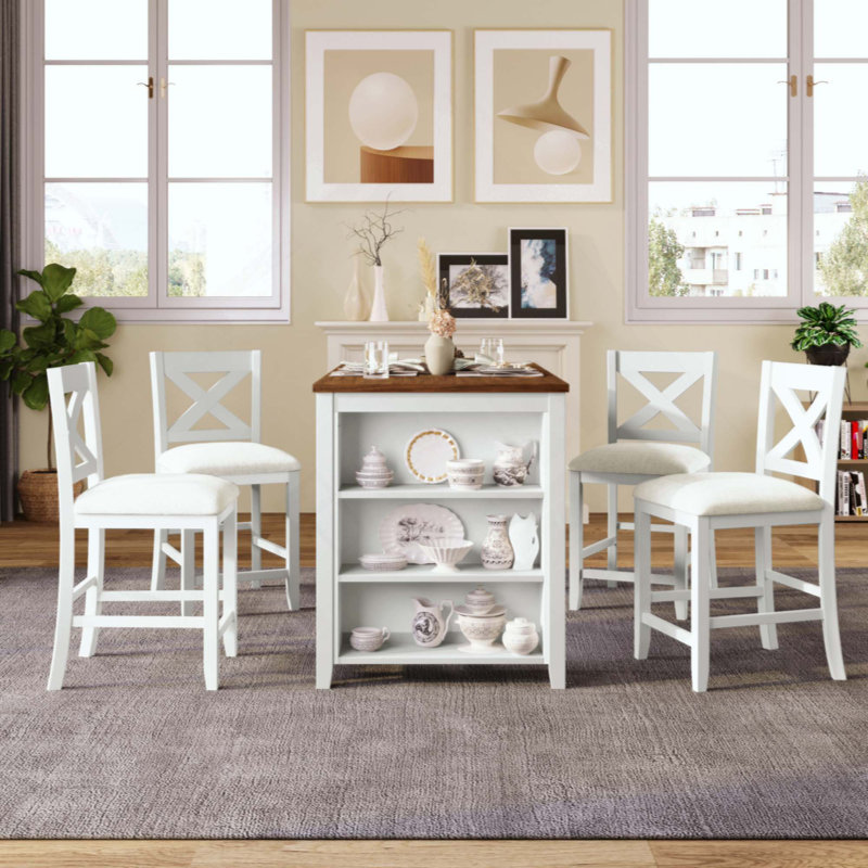 Ensemble de 5 tables de bar en bois à hauteur de comptoir avec 4 chaises, Brun / Blanc, Blanc