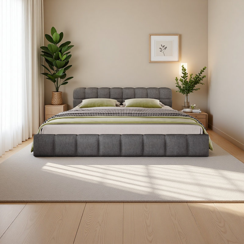 Elegant Chenille Upholstered Bed With Checkerboard Design,, King