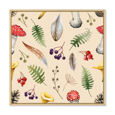 Forêt sauvage, herbes et champignon sur beige - Peinture sur toile