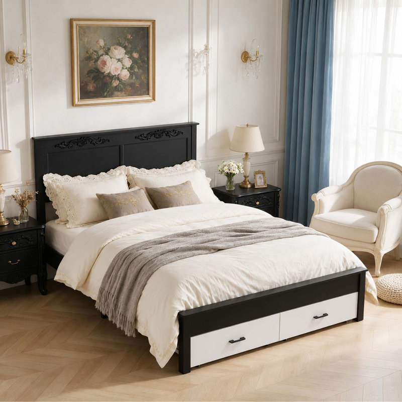 Meubles rustiques de style ferme, format Queen, structure robuste, conception silencieuse, rangement sous le lit, montage facile
