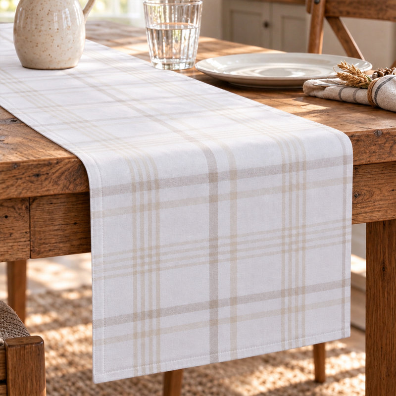100% Cotton Holiday Plaid Table Runner, 90" L, Khaki/White