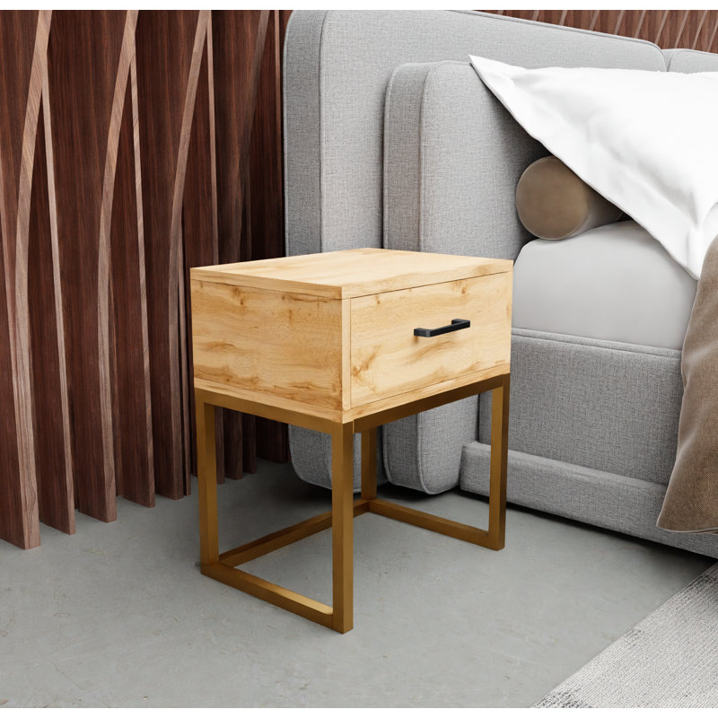 Abbie 40cm W Metal Bedside Table, Wotan Oak/Gold