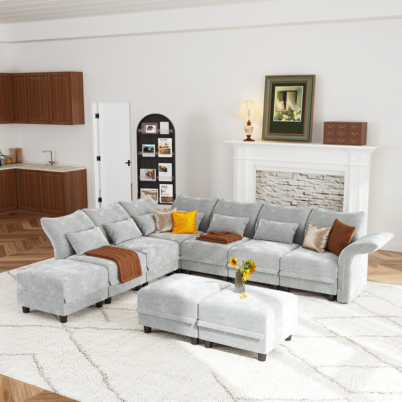 Caralina Upholstered Reclining Sectional Reversible, Light Gray Microfiber/Microsued