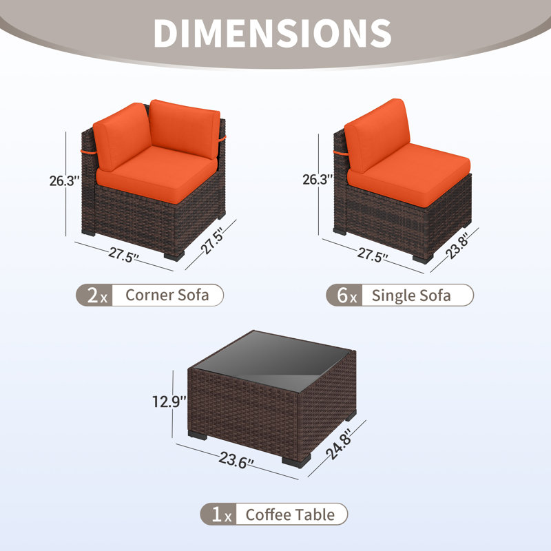 Ensemble de conversation avec coussins Dinyu, Orange, 8