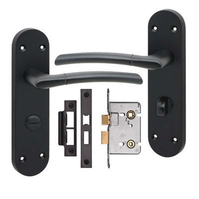 Golden Grace 1 Pair Victorian Indiana Design Bathroom Door Handle Matt Black Long Rounded Backplate in Metal with Mortise Lock Set - 182mm x 45mm