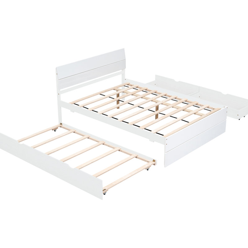 Structure de lit double avec lit gigogne simple et 2 tiroirs de rangement efficaces, Blanc