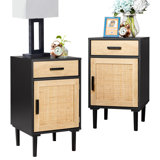 Cirsten Tall Nightstands Set Of 2, End Table, Side Table With Drawer And Shelf, Hand Made Rattan Decorated Doors, Wood Accent Table With Storage For Bedroom, 2 Pack