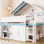 Lit mezzanine pleine grandeur avec auvent et armoire de rangement, forme de maison pour s'amuser, plusieurs tablettes de livres inspirées de créativité, livre en tissu-1210706331
