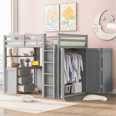 Lit mezzanine double avec tiroirs, bureau et garde-robe gris