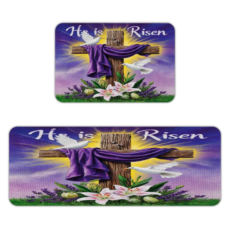 Ensemble de 2 tapis de cuisine «He is Risen Cross & Doves», Mauve / jaune He is Risen Cross & Doves