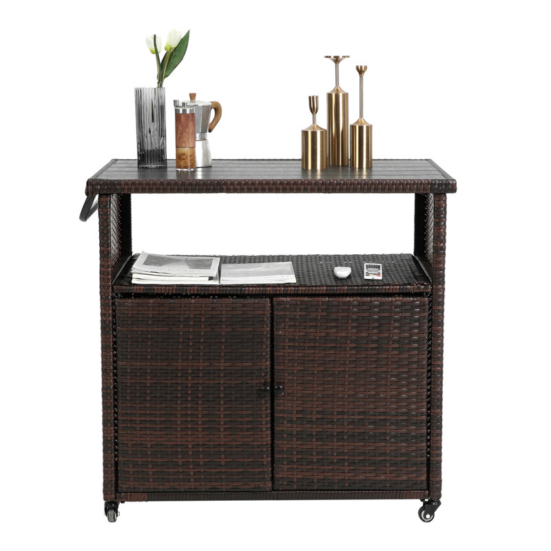 Outdoor Wicker Bar Cart, Patio Wine Serving Cart W/Wheels , Rolling Rattan Beverage Bar Counter Table Plastic Wood Top For Porch Backyard Garden Poolside Party, Light Brown