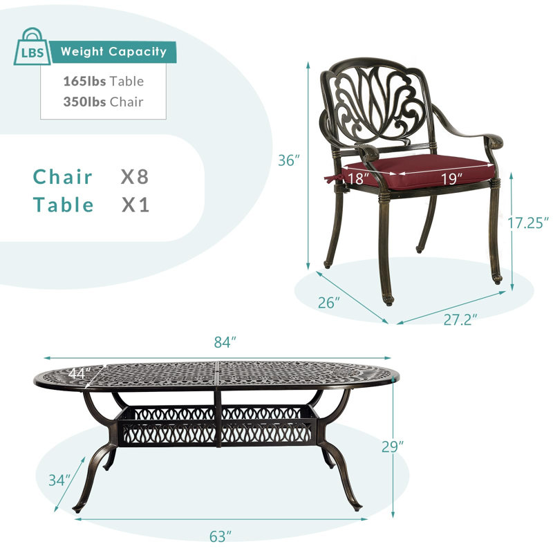 8 - Person Patio Dining Set with Oval Table , Cushions Included, Chili Red