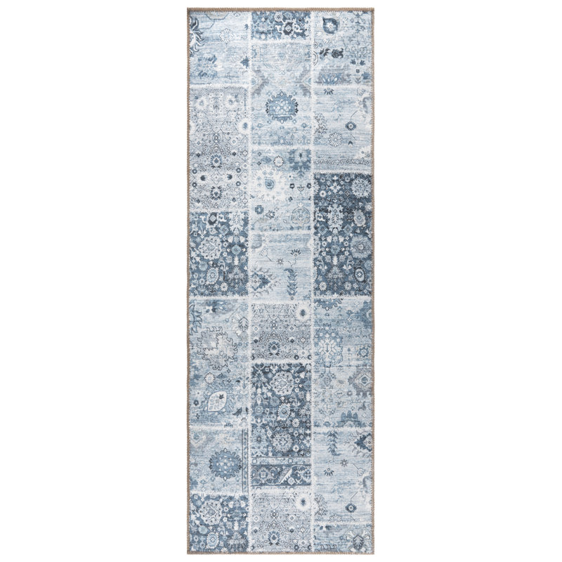 Tapis intérieur patchwork en polyester tissé à la machine, Bleu, 2 pi 7 po x 7 pi 3 po