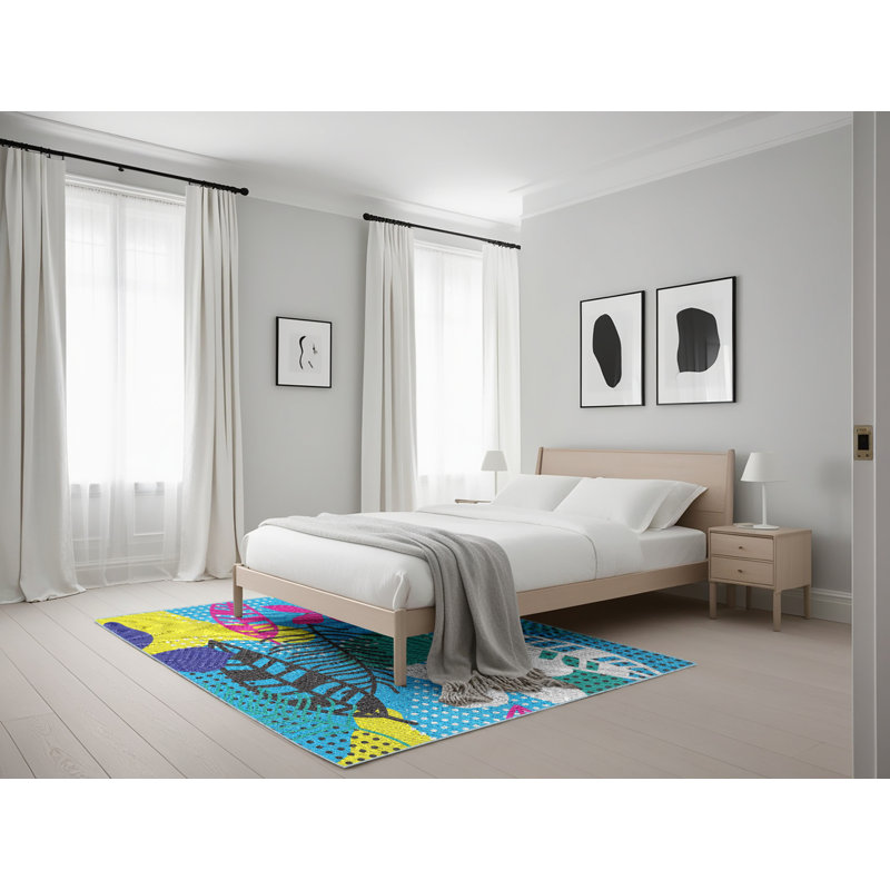Tapis rose/bleu/jaune à motif, Rectangle 5 pi x 7 pi