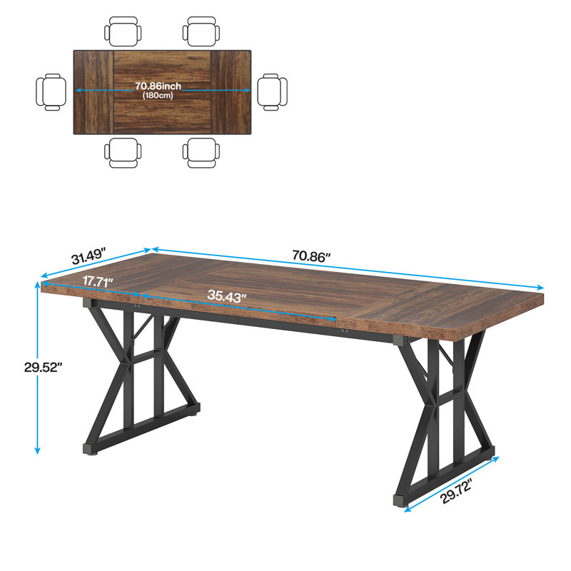 Taneja Metal Base Dining Table, Black, Brown, 29.52"H x 70.86"L x 31.49"W