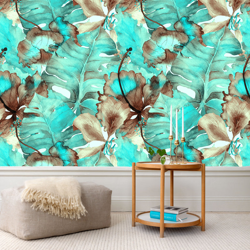 Papier peint floral à feuilles turquoise, L 114 po x l 172 po