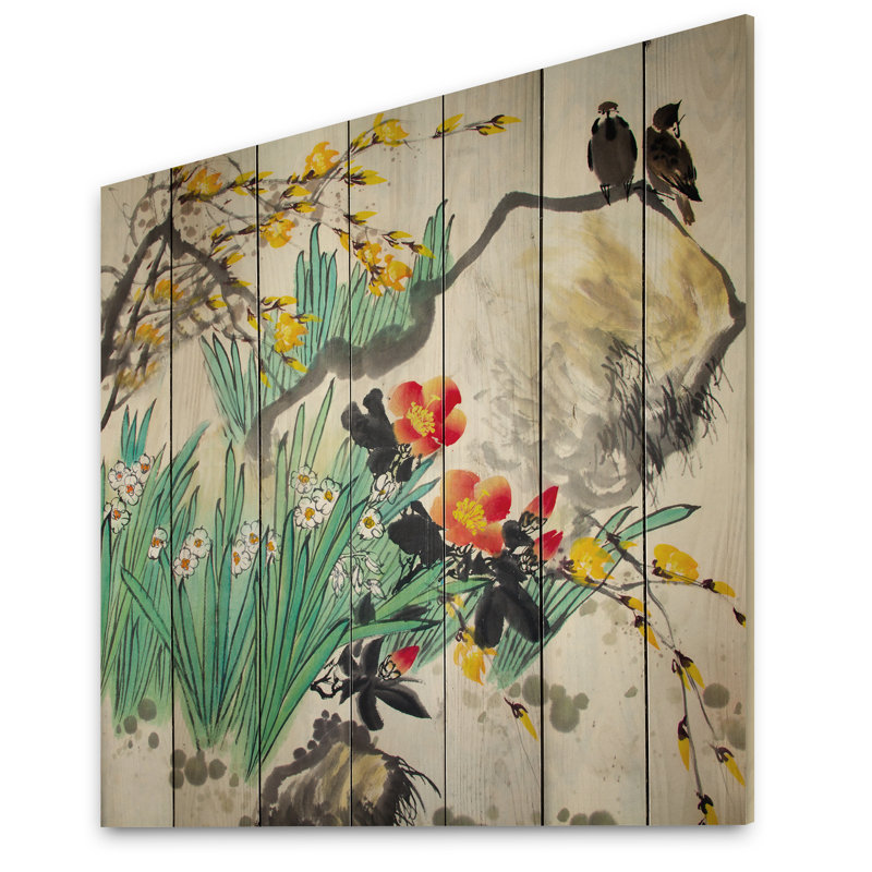 Peinture traditionnelle chinoise d'oiseaux - impression d'art mural traditionnel en bois, H 16 po x l 16 po x P 1 po
