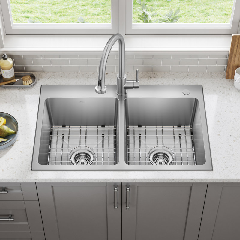 KRAUS Fairlane 18-Gauge Stainless Steel Kitchen Sink, Double Equal Bowl, 9" H x 33" L x 22" W