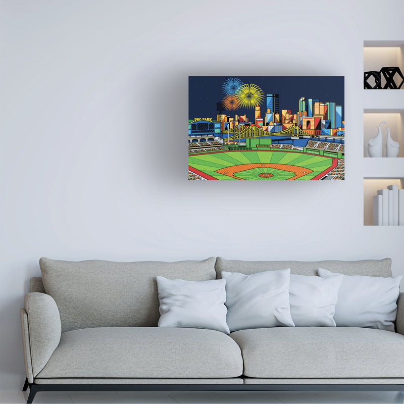 «Pnc Park Fireworks Pittsburgh» par Ron Magnes - peinture sur toile tendue, H 22 po x l 32 po x P 2 po