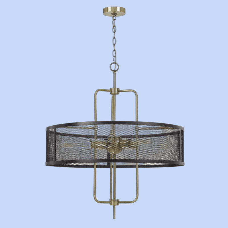 Lustre en métal 6 lumières avec abat-jour en maille Leyde en laiton antique et noir