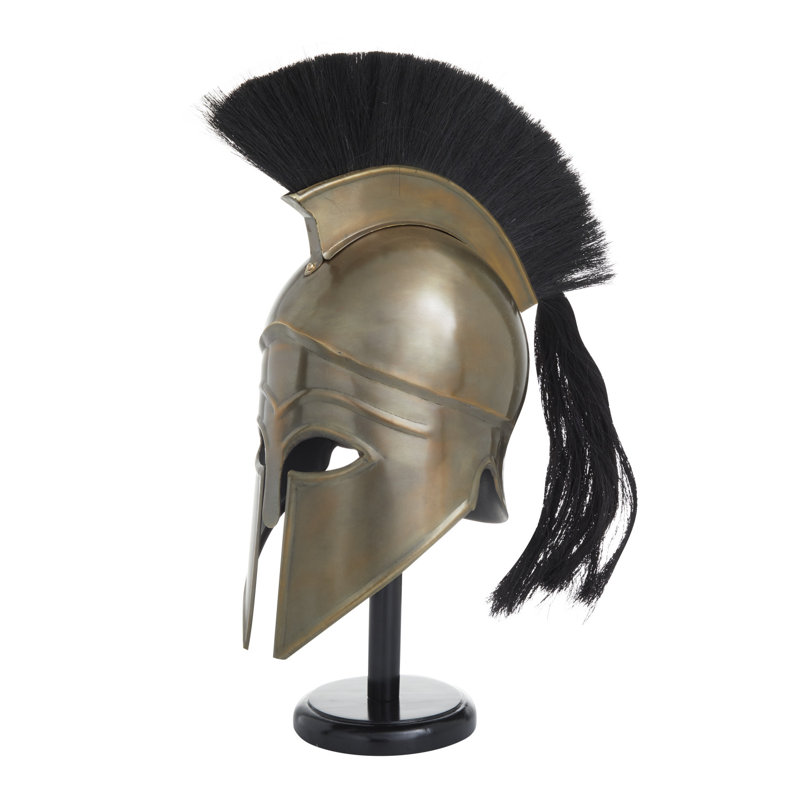 Reproduction en métal Casque médiéval spartan or grec avec support en bois brun et panache
