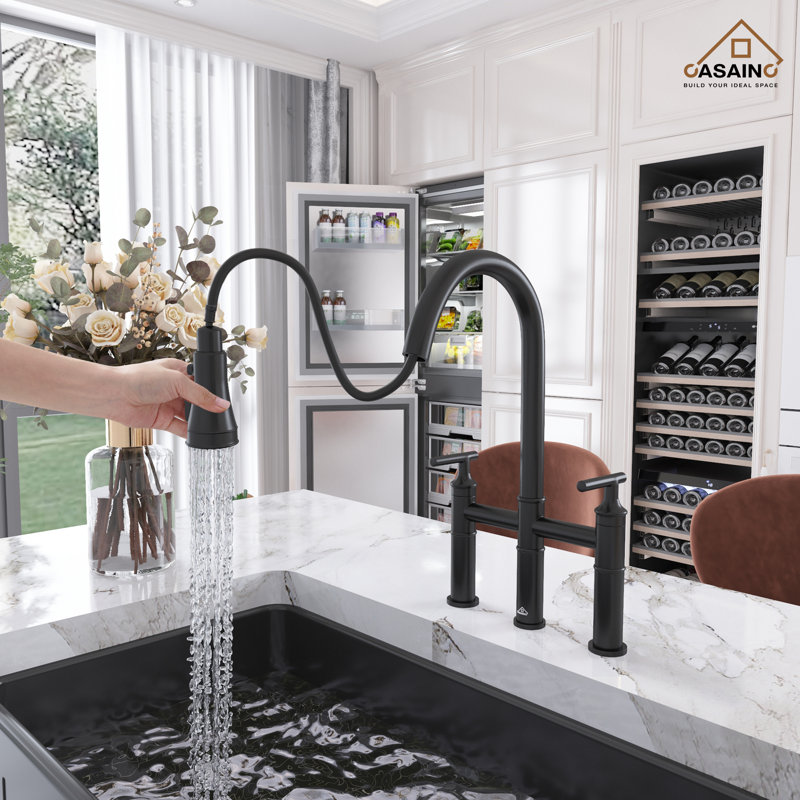 Matte Black Stainless Steel Bridge Kitchen Faucet with Pull-out Spray