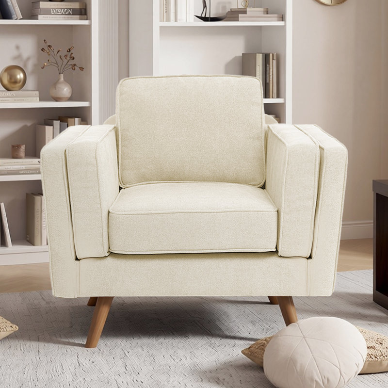 39.3'' Wide Upholstered Accent Chair With Solid Wood Legs, Beige Chenille