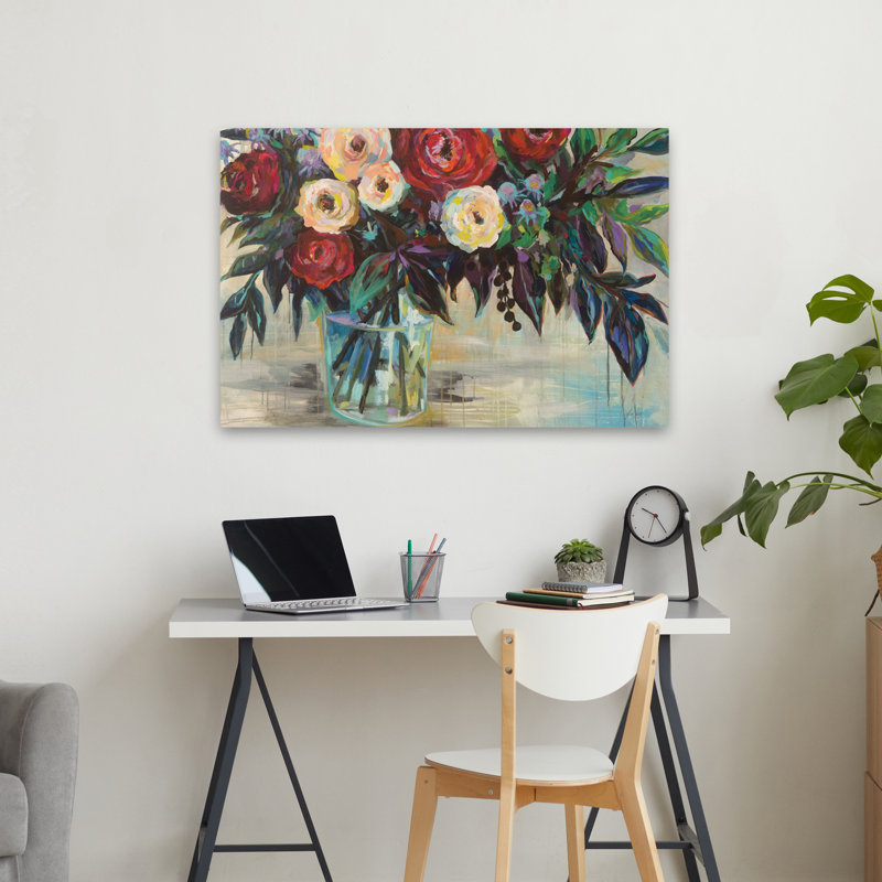 Art floral bleu et rosé, H 24 po x l 36 po