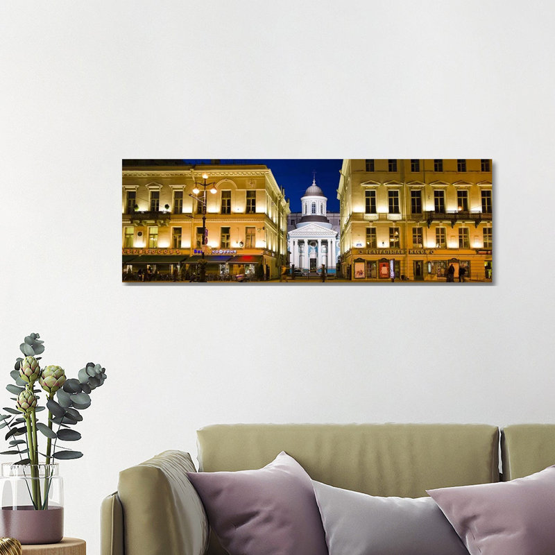 Buildings In A City Lit Up At Night, Nevskiy Prospekt, St. Petersburg, Russia - Wrapped Canvas Panoramic Print