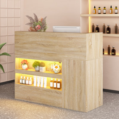 55" Reception Desk with LED Lights, Double-Layer Display Rack, L-Shaped Front Desk Reception Room Table Drawer With Lock