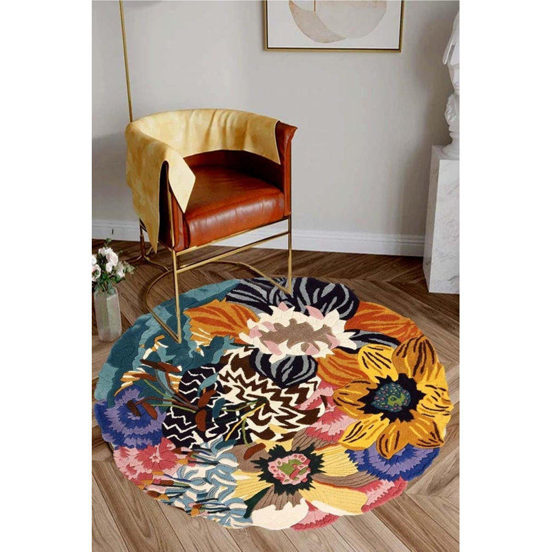 Biborka Yellow Floral Digital Print Cotton Polyester Non-Slip Area Rug, Rond 3 pi 3 po