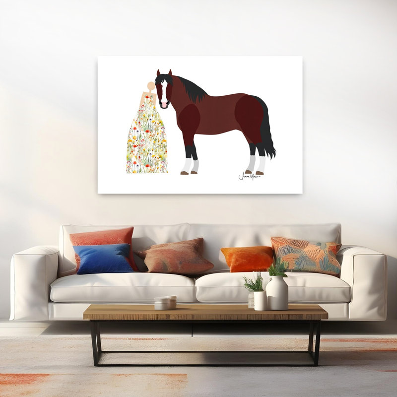 Woman And Horse Bond Minimalist Horse Flower Nature Wall Art Print 1 Piece Wrapped Canvas Wall Art, 101.6cm H x 152.4cm W